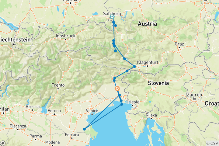 Map of Alpe-Adria Cycle Path Salzburg - Grado 11 Days
