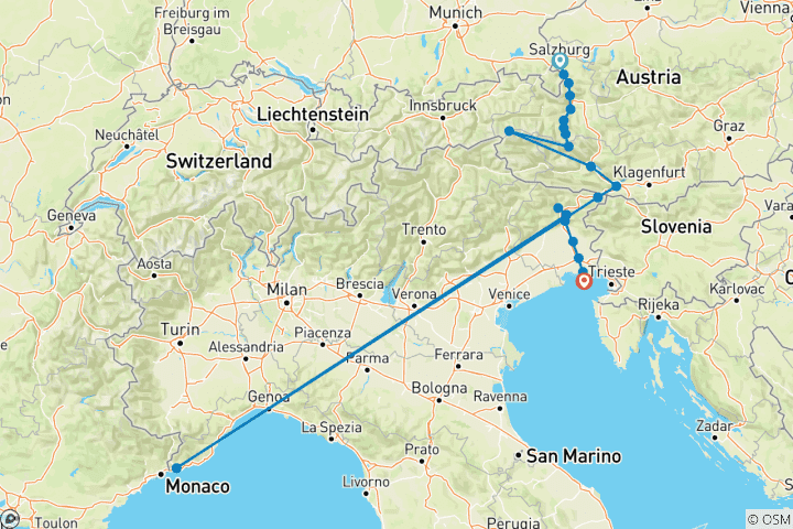 Mapa de Ruta ciclista Alpe-Adria: Salzburgo - Grado, 11 días
