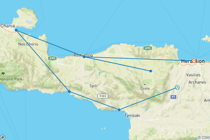 Carte du circuit Vivre la Crète avec un Crétois - Excursion par étapes dans le centre et l'ouest de la Crète (7 jours)