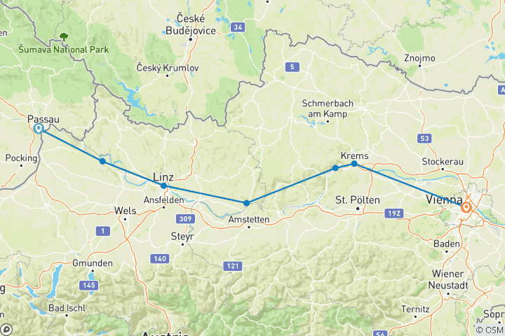 Karte von Donau-Radweg: Von Passau nach Wien mit Charme (8 Tage)