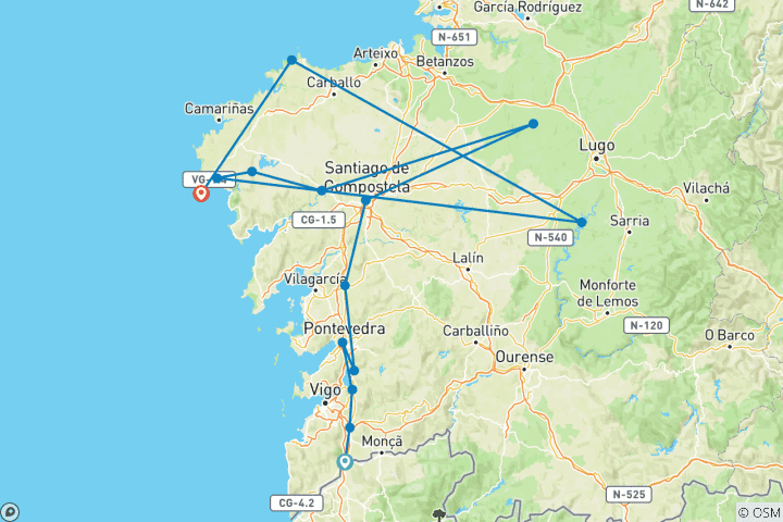 Map of Portuguese Way of St. James From Tui to Finisterre13 Days