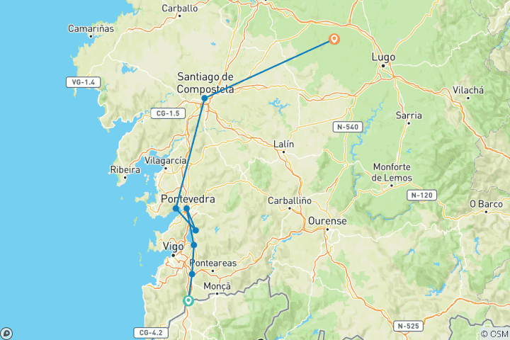 Carte du circuit Variante spirituelle du chemin de Saint-Jacques portugais de Tui à Santiago (9 jours)