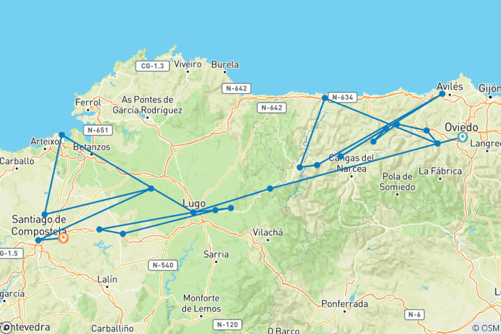 Karte von Jakobsweg Camino Primitivo – Der ursprüngliche Jakobsweg von Oviedo nach Santiago (16 Tage)