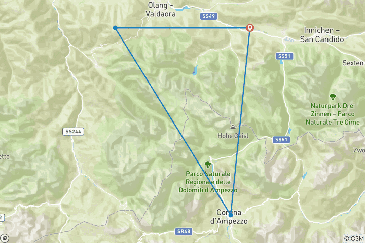 Carte du circuit VTT dans les parcs naturels des Dolomites (7 jours)