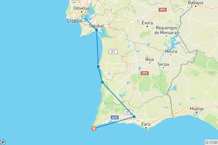 Carte du circuit Lisbonne - Sagres : le long de la fascinante côte atlantique (7 jours)