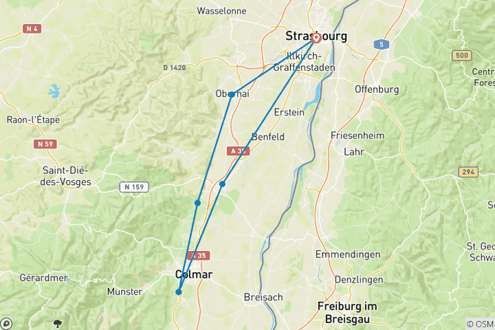 Kaart van Elzas - begeleide e-bike tocht (7 dagen)