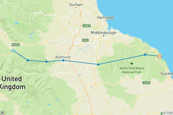 Map of England - Coast to Coast : From Kirkby Stephen to Robin Hoods Bay 9 Days