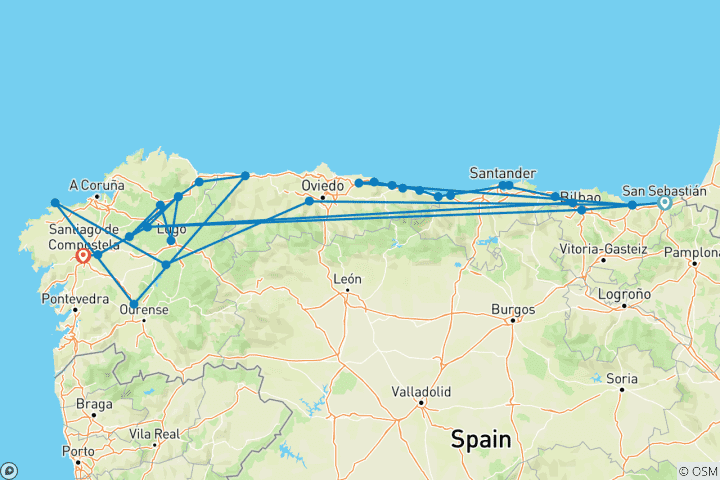 Kaart van Noordelijke Jakobsroute van San Sebastian naar Santiago de Compostela (41 dagen)