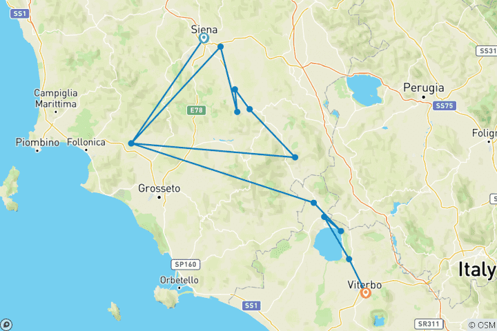Mapa de Vía Francígena VI - de Siena a Viterbo (10 días)