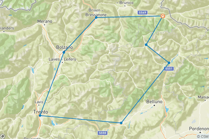 Carte du circuit Voyage à vélo de course autour des Dolomites (8 jours)