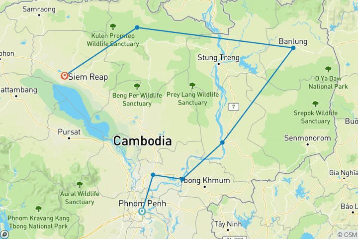 Karte von Kambodscha für Aktive - von der Hauptstadt bis nach Angkor Wat (10 Tage)