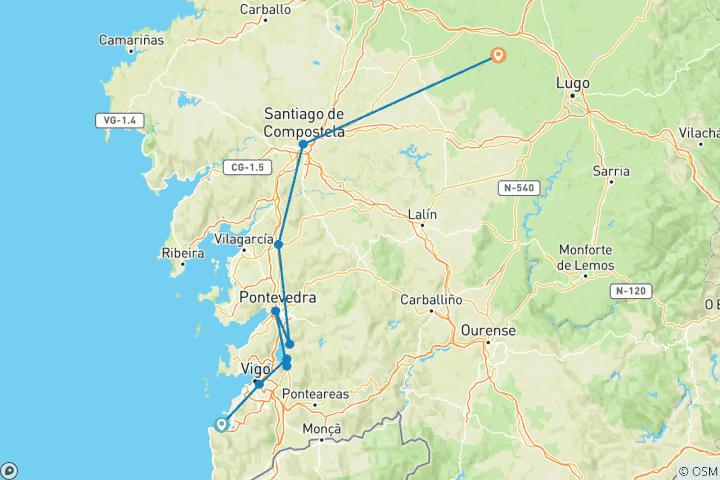 Carte du circuit Chemin de Saint-Jacques portugais de Baiona à Santiago (8 jours)