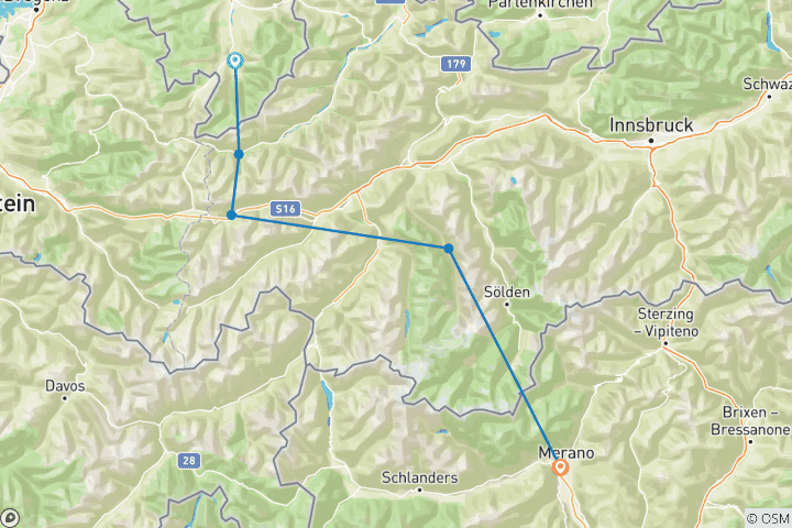 Map of Crossing the Alps E5 Oberstdorf-Meran with Charm 8 Days
