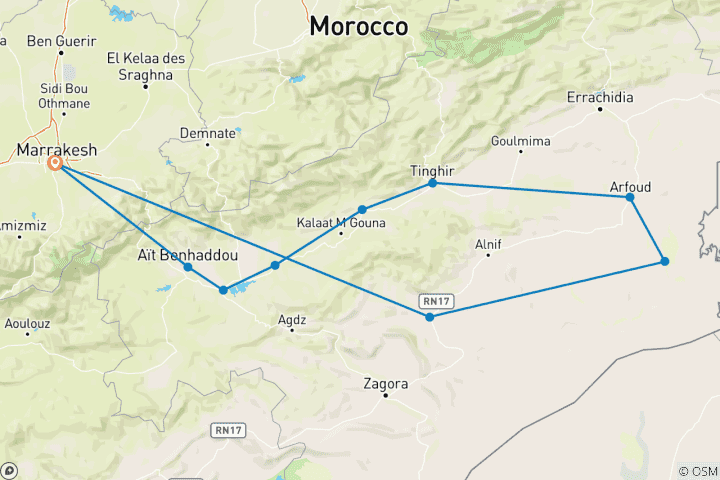 Karte von Wüstentrekking in Marokko - Die goldenen Dünen im Erg Chebbi  (11 Tage)
