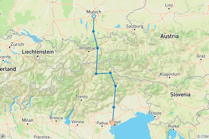 Map of Cycle Tour Munich - Venice 9 Days9 Days