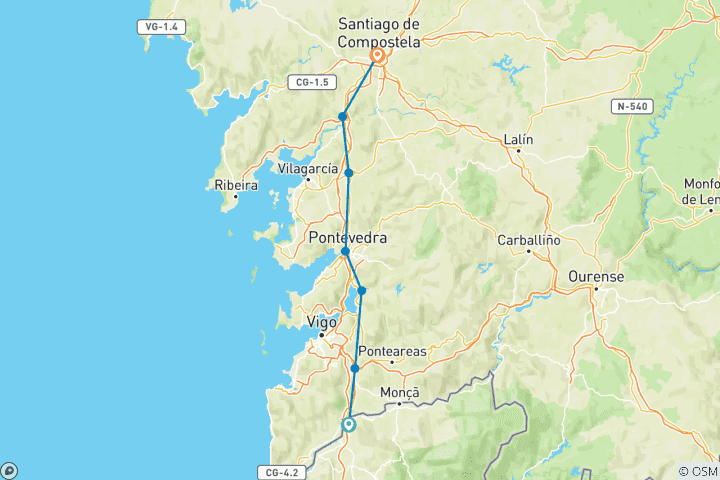 Carte du circuit Chemin de Saint-Jacques portugais de Valença à Santiago (8 jours)