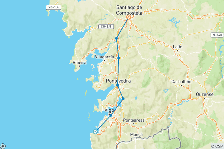 Map of Portuguese Way of St. James Coastal Route - From Baiona to Santiago 8 Days