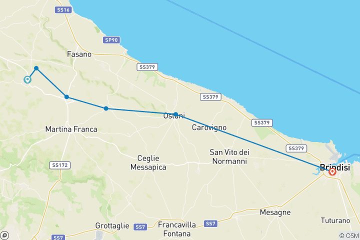 Kaart van De Helleense Weg - Van Alberobello naar Brindisi (8 dagen)