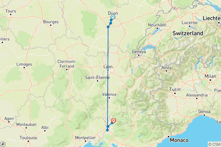 Carte du circuit Rail & Hike - Randonnée viticole en Bourgogne et en Provence (8 jours)