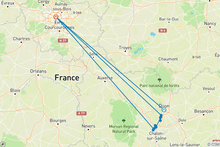 Karte von Weinwanderwege im Burgund von Dijon bis Meursault (5 Tage)