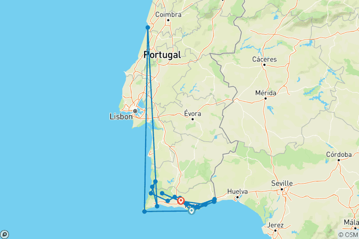 Map of Road Bike Tour in the Algarve 8 Days