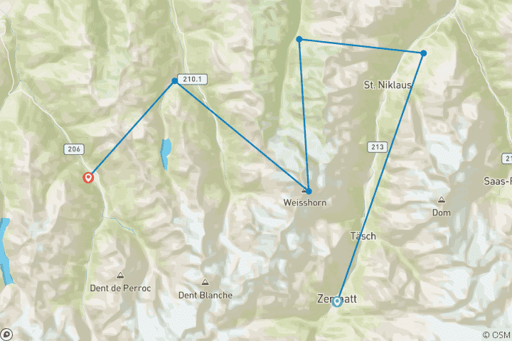 Carte du circuit Walkers Haute Route : de Zermatt au Val d'Herens (8 jours)