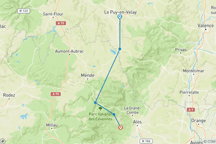 Carte du circuit Le chemin de Stevenson | GR70 | Du Puy-en-Velay à Saint-Jean-Du-Gard (14 jours)