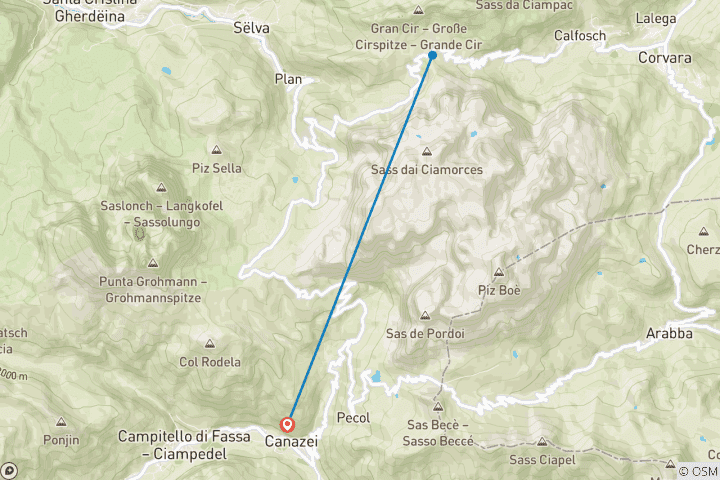 Map of The Dolomites of Val di Fassa & Val Gardena 8 Days