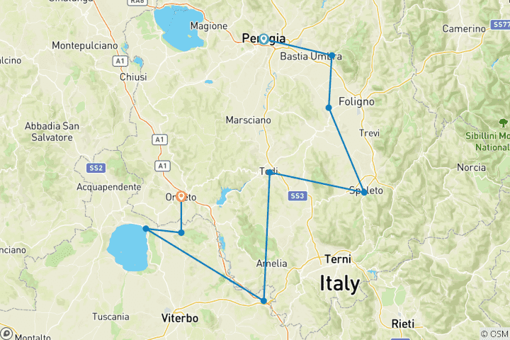 Mapa de Umbría - En bicicleta por el corazón verde de Italia, de Perugia a Orvieto (8 días) (8 días)