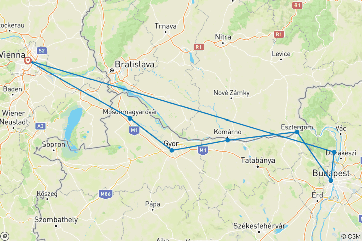 Karte von Donauerlebnis: Wien - Bratislava - Budapest (7 Tage)