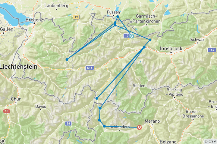 Karte von Von Füssen nach Meran - Alpenüberquerung Allgäu-Südtirol (8 Tage)
