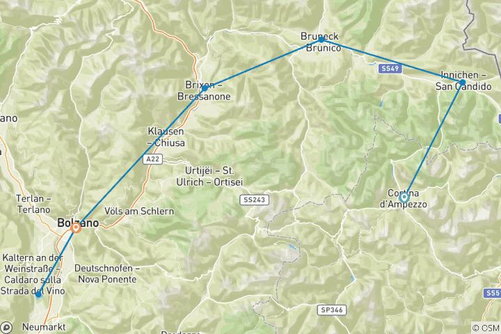 Map of Cycling in the Majestic Dolomites - From Cortina to Bolzano 8 Days