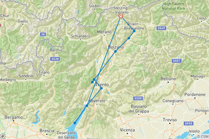 Map of Crossing the Alps From Sterzing to Lake Garda 8 Days