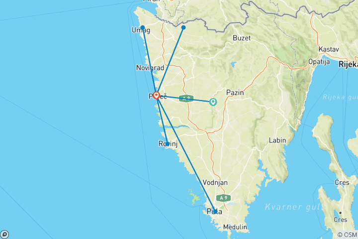 Map of Road Bike Tour Through Istria 6 Days