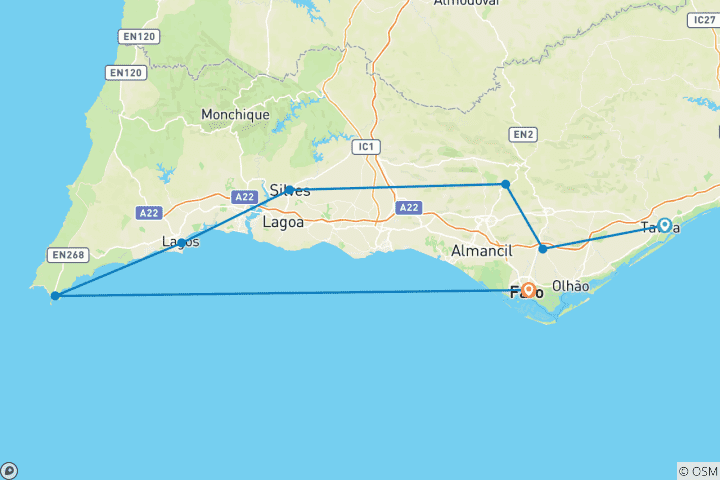 Carte du circuit Portugal - Traversée de l'Algarve (8 jours)