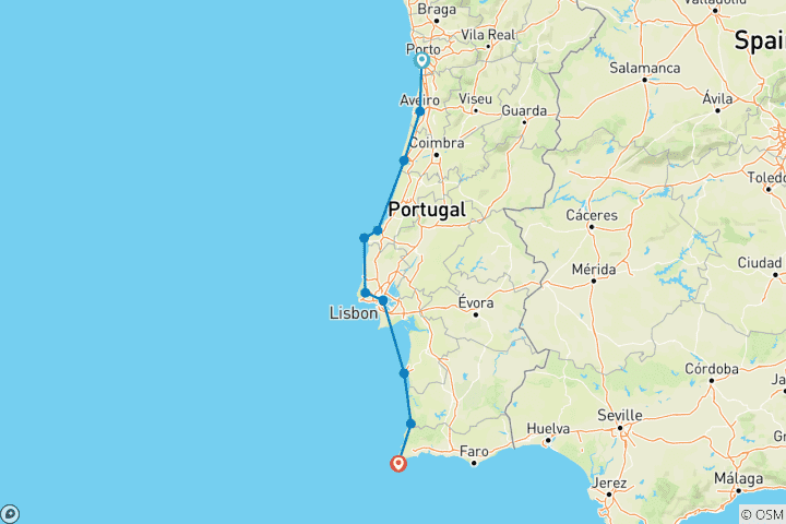 Karte von Sportlich von Porto nach Sagres (12 Tage)