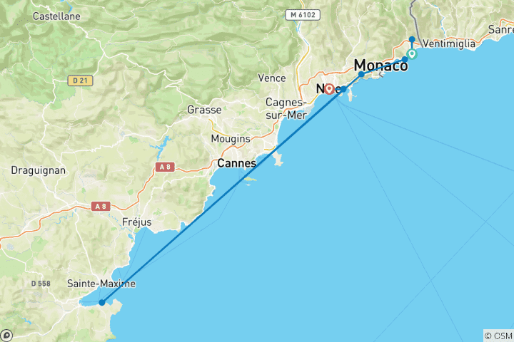 Map of The balconies of the Côte D'Azur - From Menton to Nice 7 Days