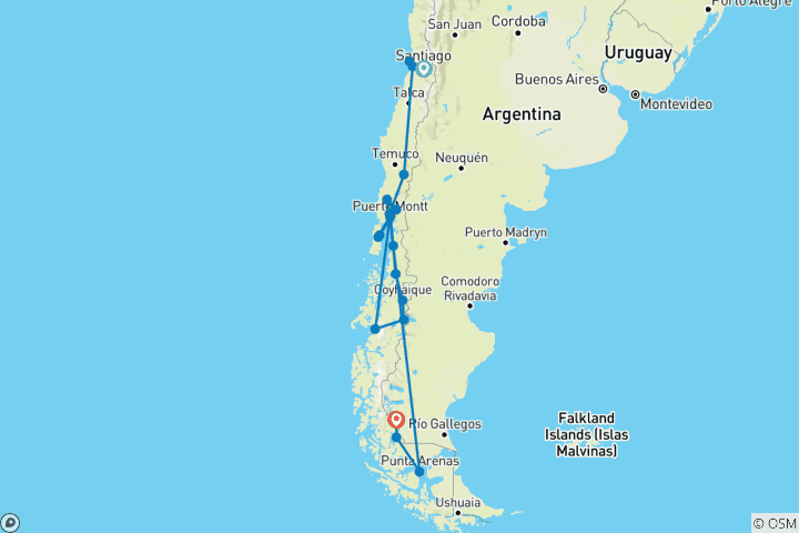Map of Chile - From Santiago to the South1 8 Days