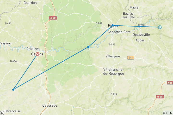 Map of the Way  of St. James, From Conques to Cahors9 Days