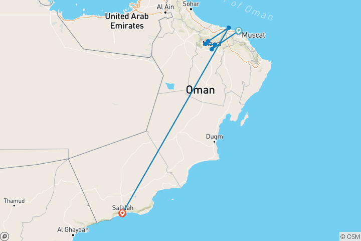 Karte von Trekking im Oman: Traverse im Westlichen Hajar Gebirge mit Salalah (13 Tage)