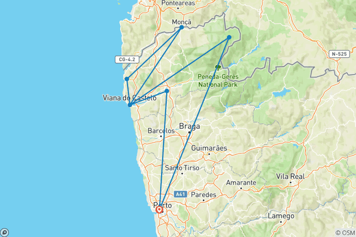 Map of Vinho Verde Wine and Food Bike Tour 7 Days