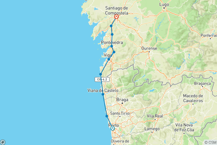 Map of Portuguese Way of St. James multi-active - by Bike and on foot11 Days