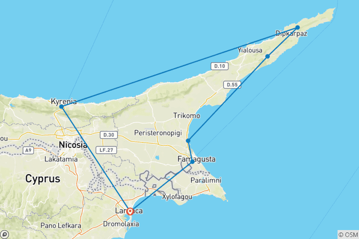 Map of Sunny Island of Cyprus - crusader Castles, secluded Beaches and Wild donkeys 10 Days10 Days