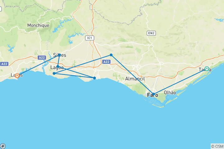 Carte du circuit Portugal - Traversée de l'Algarve avec des hôtels simples (8 jours)