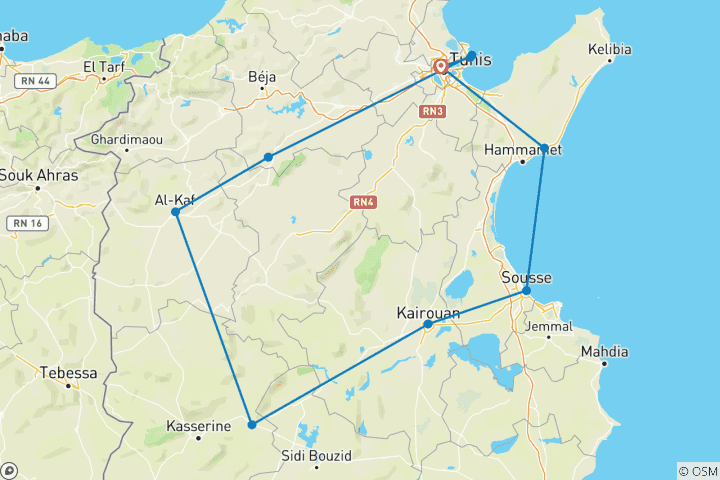 Carte du circuit Découvrir les hauts lieux culturels de la Tunisie (14 jours)