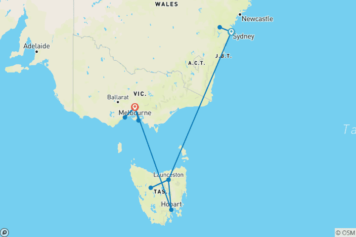 Map of Australia - Peaks, Coast and Cities: From Sydney to Tasmania 14 Days