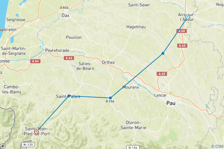 Carte du circuit Le Chemin de Saint-Jacques, d'Aire-sur-l'Adour aux Pyrénées (9 jours)