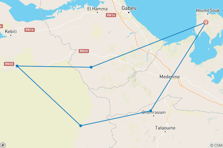 Carte du circuit Découverte du Sud tunisien : de Djerba au désert (8 jours)