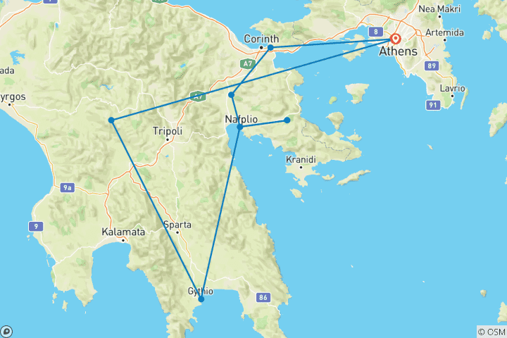 Carte du circuit Aventure dans le Péloponnèse (8 jours)