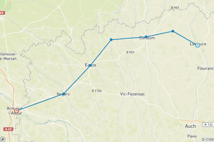 Map of the Way  of St. James, From LecToure to Aire-sur-l'Adour 7 Days